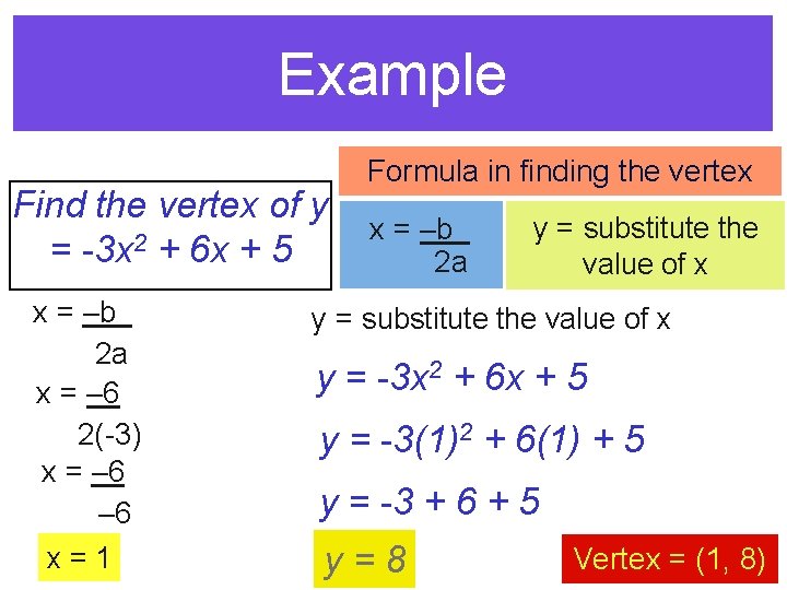 Example Find the vertex of y = -3 x 2 + 6 x +