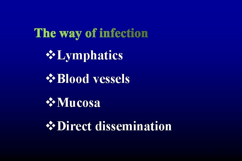 v. Lymphatics v. Blood vessels v. Mucosa v. Direct dissemination 26 