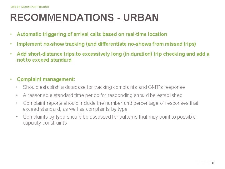 GREEN MOUNTAIN TRANSIT RECOMMENDATIONS - URBAN • Automatic triggering of arrival calls based on