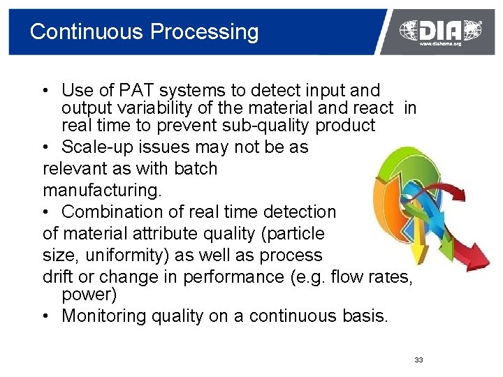 Continuous Processing • Use of PAT systems to detect input and output variability of
