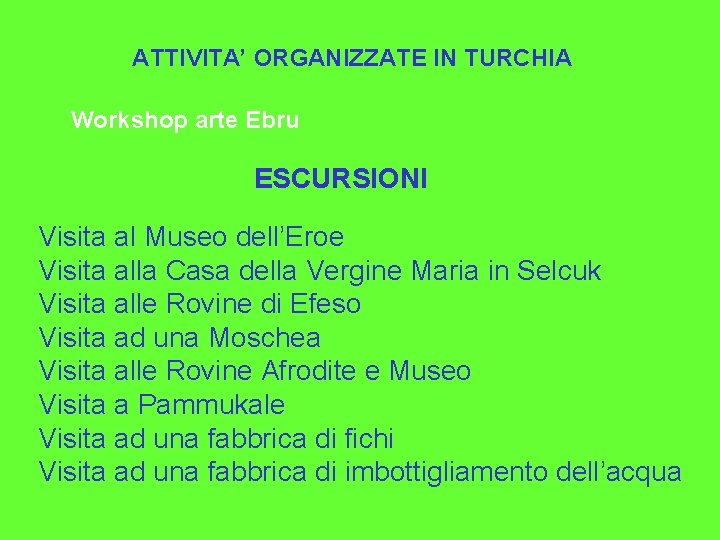 ATTIVITA’ ORGANIZZATE IN TURCHIA Workshop arte Ebru ESCURSIONI Visita al Museo dell’Eroe Visita alla