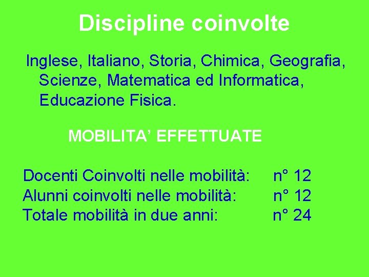 Discipline coinvolte Inglese, Italiano, Storia, Chimica, Geografia, Scienze, Matematica ed Informatica, Educazione Fisica. MOBILITA’