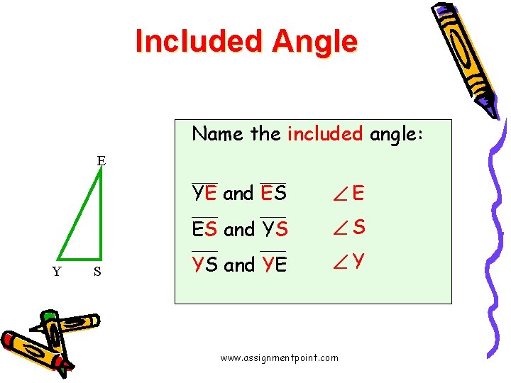 Included Angle Name the included angle: E Y S YE and ES E ES