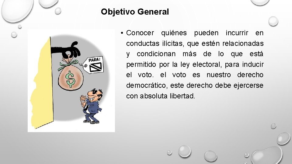 Objetivo General • Conocer quiénes pueden incurrir en conductas ilícitas, que estén relacionadas y