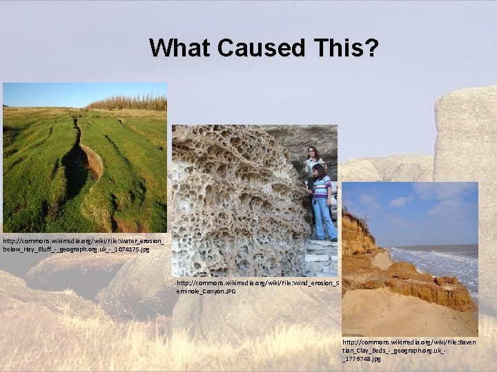 What Caused This? http: //commons. wikimedia. org/wiki/File: Water_erosion_ below_Hay_Bluff_-_geograph. org. uk_-_1074175. jpg http: //commons. What Caused This? http: //commons. wikimedia. org/wiki/File: Water_erosion_ below_Hay_Bluff_-_geograph. org. uk_-_1074175. jpg http: //commons.