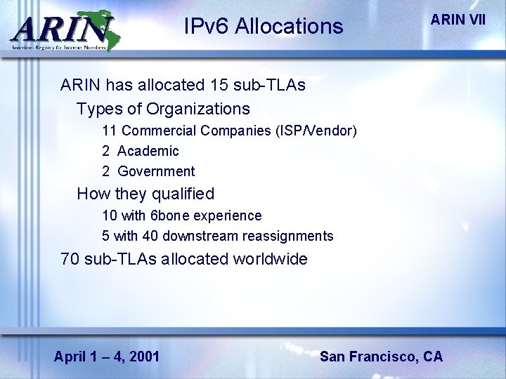 IPv 6 Allocations ARIN VII ARIN has allocated 15 sub-TLAs Types of Organizations 11