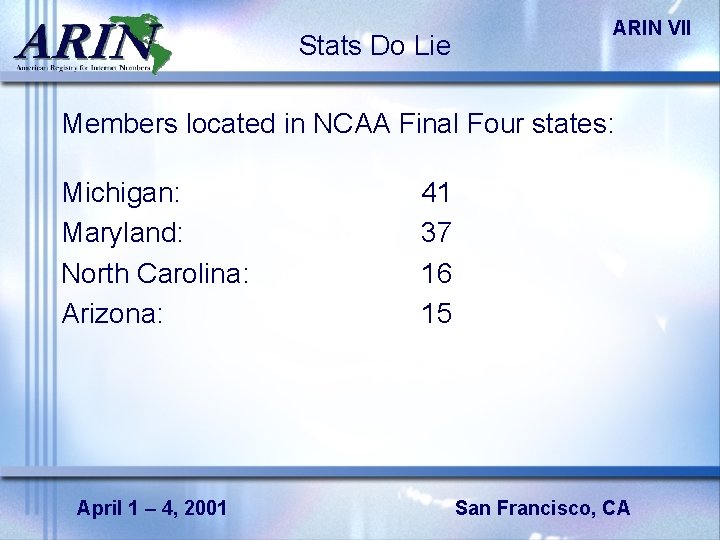 Stats Do Lie ARIN VII Members located in NCAA Final Four states: Michigan: Maryland: