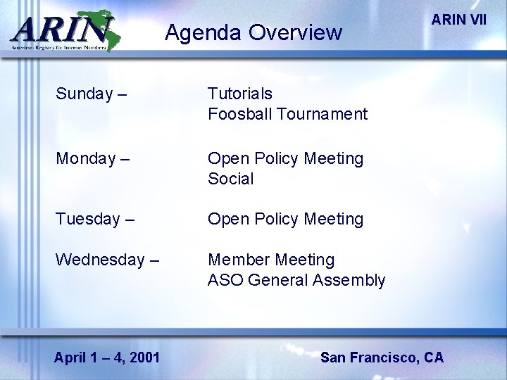 Agenda Overview Sunday – Tutorials Foosball Tournament Monday – Open Policy Meeting Social Tuesday