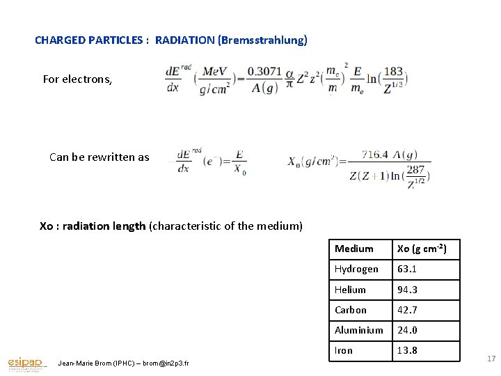 CHARGED PARTICLES : RADIATION (Bremsstrahlung) For electrons, Can be rewritten as Xo : radiation