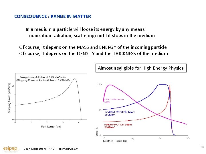 CONSEQUENCE : RANGE IN MATTER In a medium a particle will loose its energy