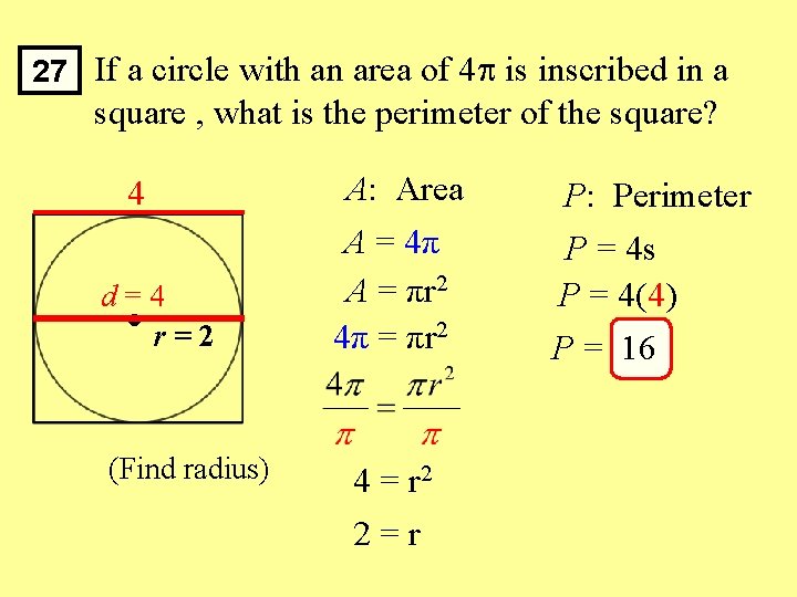 27 If a circle with an area of 4 is inscribed in a square