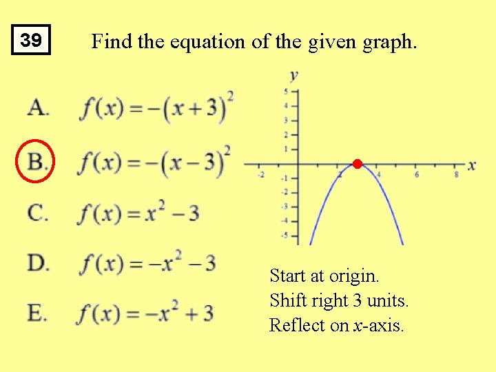 39 Find the equation of the given graph. Start at origin. Shift right 3