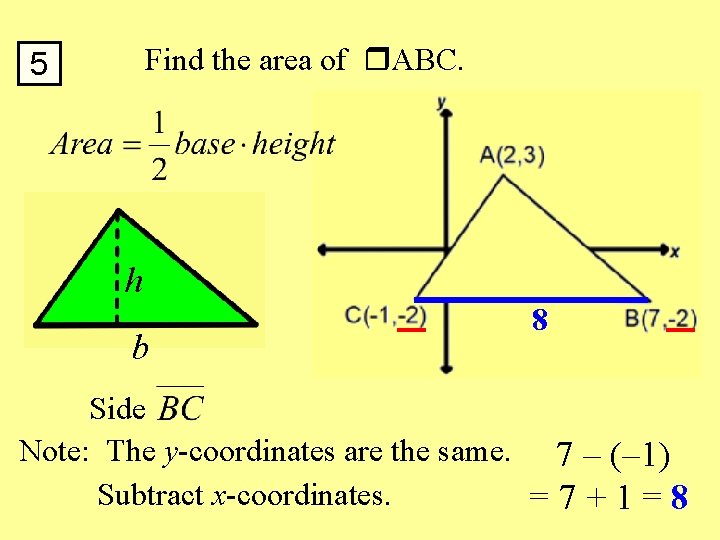 Find the area of ABC. 5 h b 8 Side Note: The y-coordinates are
