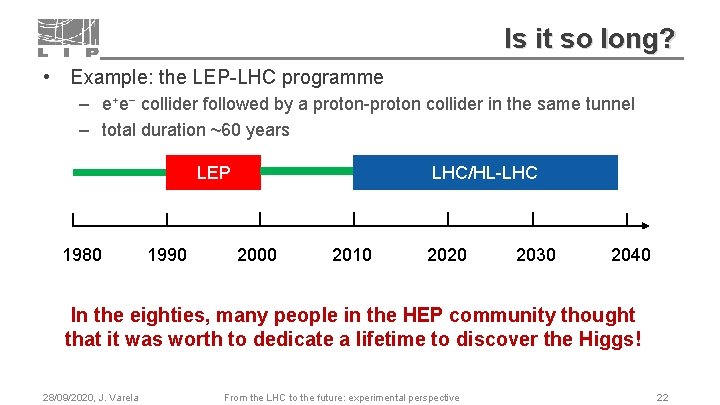Is it so long? • Example: the LEP-LHC programme – e+e− collider followed by