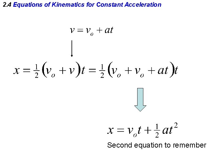 2. 4 Equations of Kinematics for Constant Acceleration Second equation to remember 