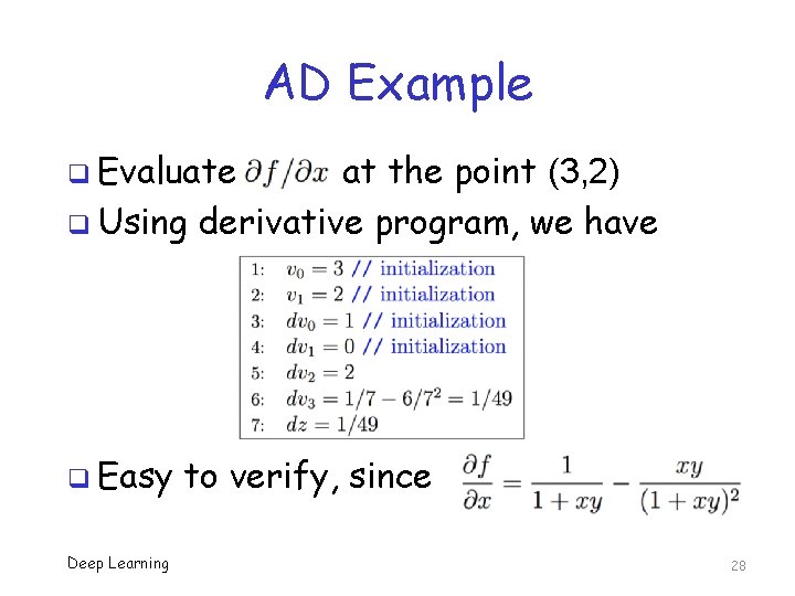 AD Example q Evaluate at the point (3, 2) q Using derivative program, we