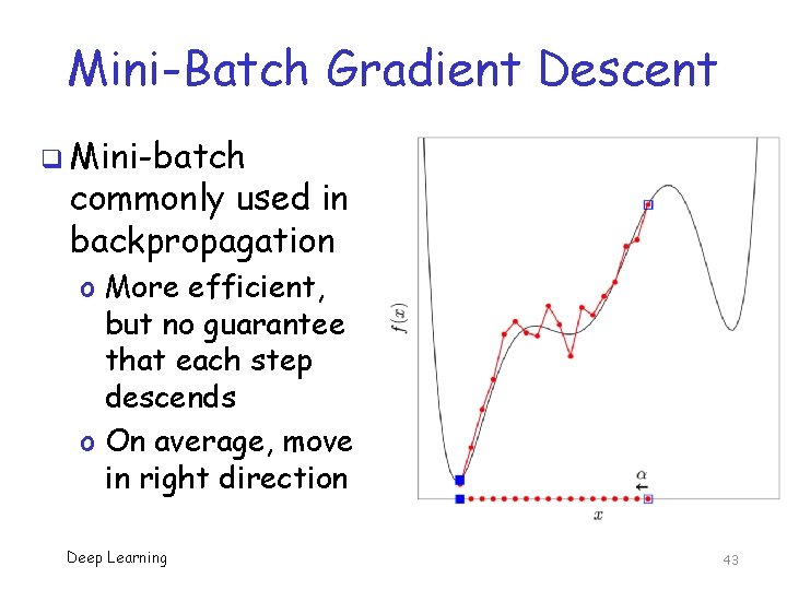 Mini-Batch Gradient Descent q Mini-batch commonly used in backpropagation o More efficient, but no