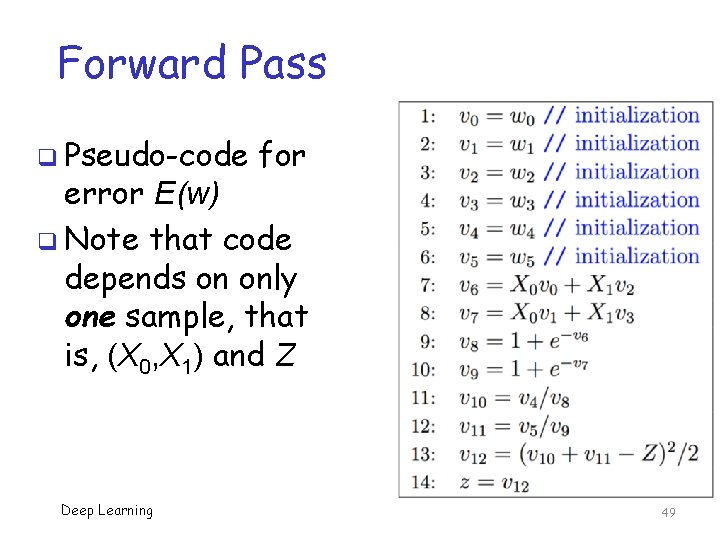 Forward Pass q Pseudo-code for error E(w) q Note that code depends on only