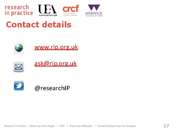 Contact details www. rip. org. uk ask@rip. org. uk @research. IP 17 