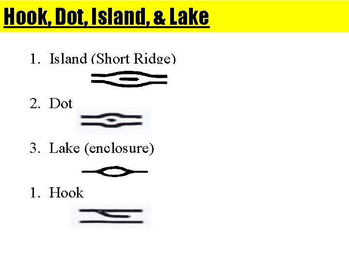 Hook, Dot, Island, & Lake 1. Island (Short Ridge) 2. Dot 3. Lake (enclosure)