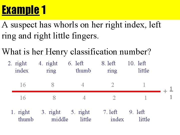 Example 1 A suspect has whorls on her right index, left ring and right