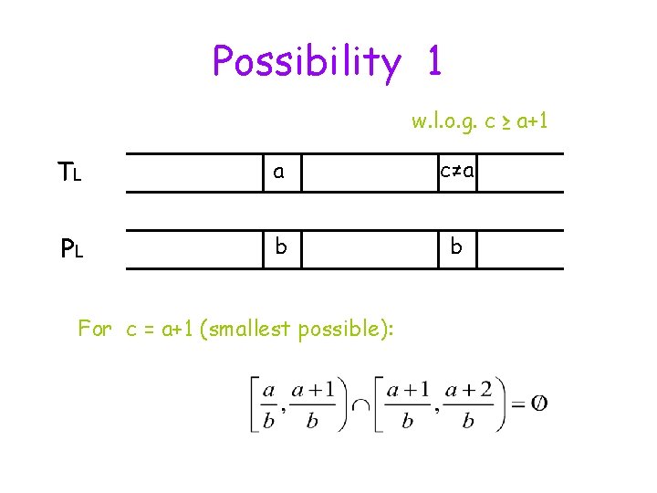 Possibility 1 w. l. o. g. c ≥ a+1 TL a c≠a PL b