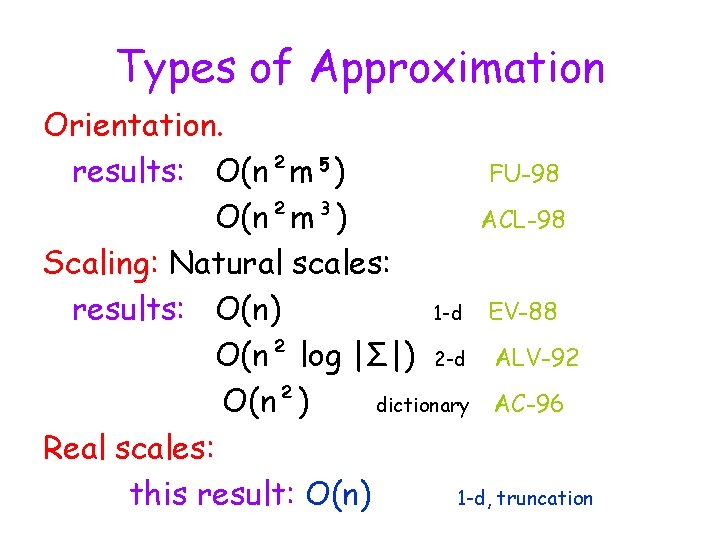 Types of Approximation Orientation. results: O(n²m 5 ) FU-98 O(n²m³) ACL-98 Scaling: Natural scales: