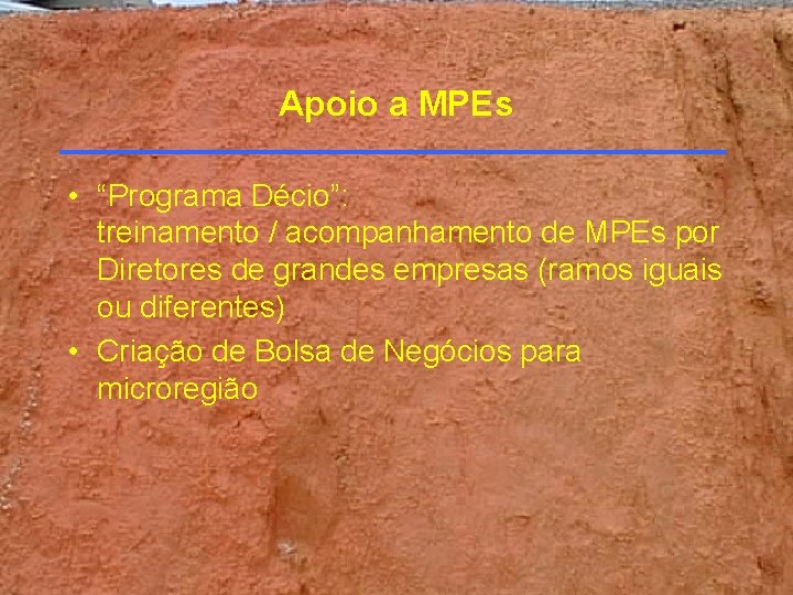 Apoio a MPEs • “Programa Décio”: treinamento / acompanhamento de MPEs por Diretores de