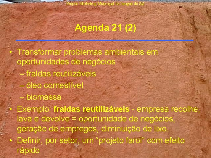 Projeto Marketing Municipal de Jaraguá do Sul Agenda 21 (2) • Transformar problemas ambientais