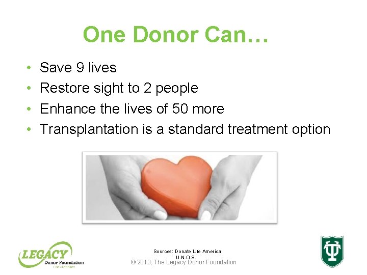 One Donor Can… • • Save 9 lives Restore sight to 2 people Enhance