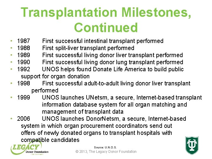 Transplantation Milestones, Continued • • • 1987 First successful intestinal transplant performed 1988 First