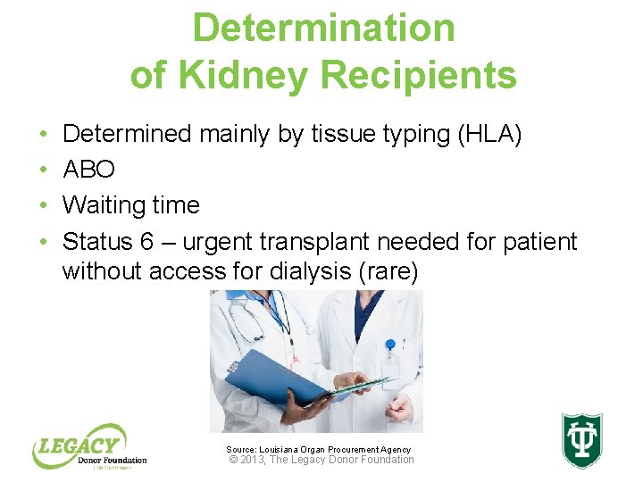 Determination of Kidney Recipients • • Determined mainly by tissue typing (HLA) ABO Waiting