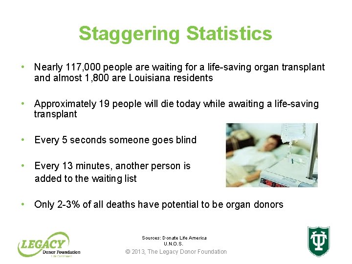 Staggering Statistics • Nearly 117, 000 people are waiting for a life-saving organ transplant