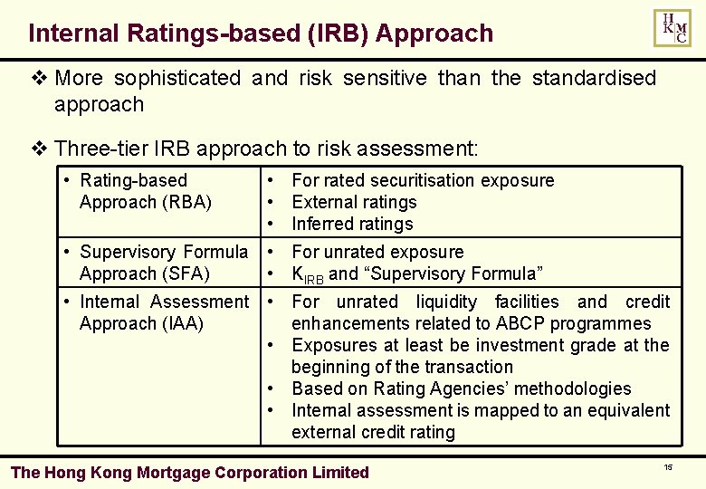 Internal Ratings-based (IRB) Approach v More sophisticated and risk sensitive than the standardised approach