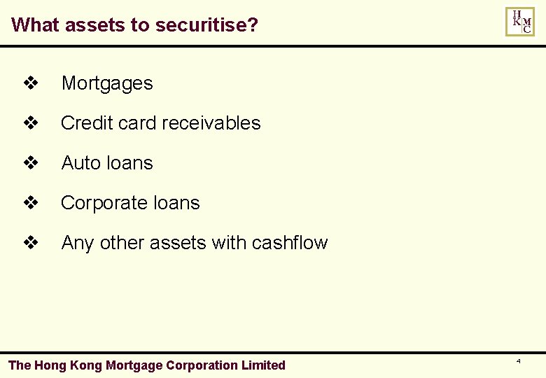 What assets to securitise? v Mortgages v Credit card receivables v Auto loans v