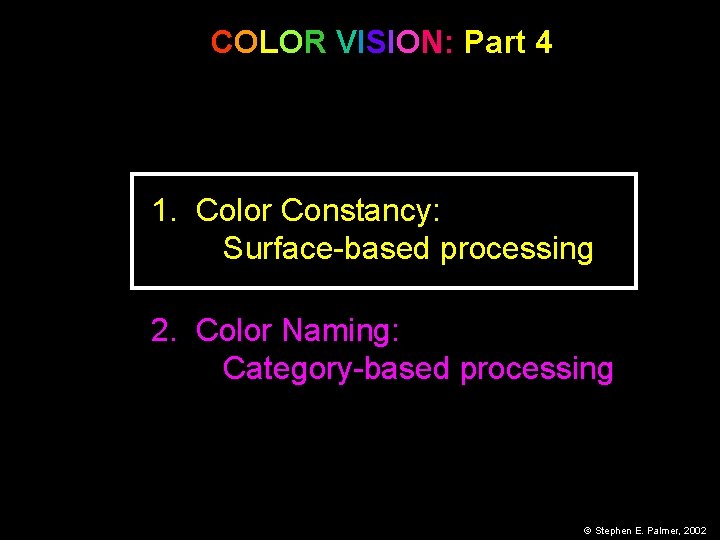 COLOR VISION: Part 4 1. Color Constancy: Surface-based processing 2. Color Naming: Category-based processing