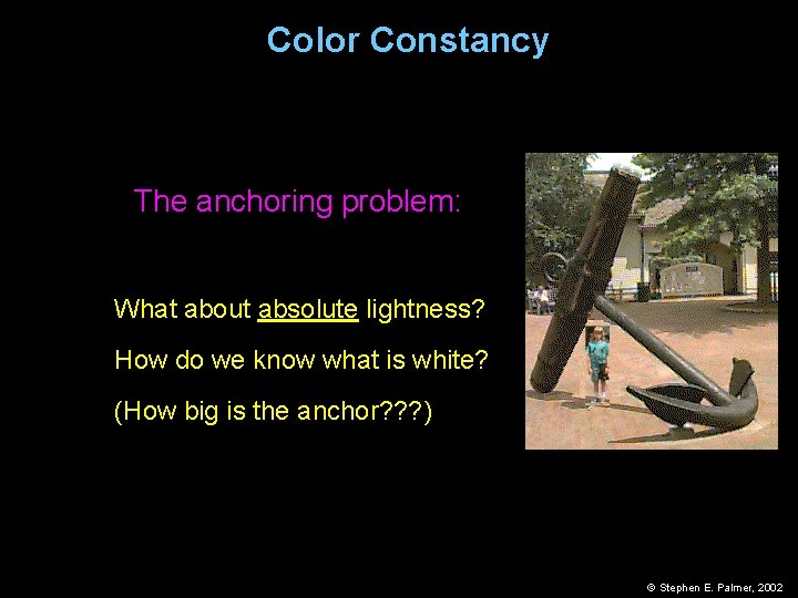 Color Constancy The anchoring problem: What about absolute lightness? How do we know what