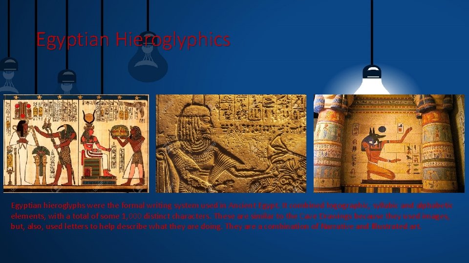 Egyptian Hieroglyphics Egyptian hieroglyphs were the formal writing system used in Ancient Egypt. It