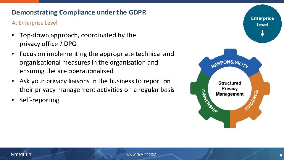 Demonstrating Compliance under the GDPR At Enterprise Level • Top-down approach, coordinated by the