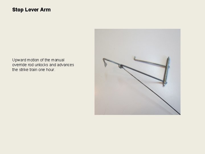 Stop Lever Arm Upward motion of the manual override rod unlocks and advances the
