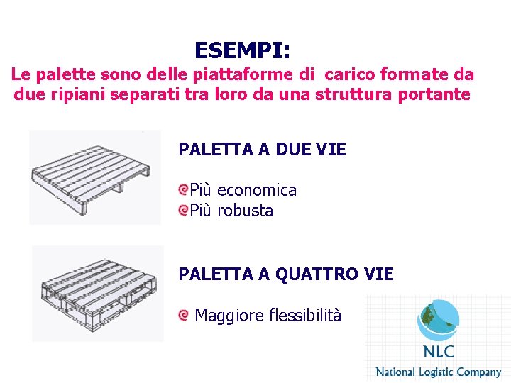 ESEMPI: Le palette sono delle piattaforme di carico formate da due ripiani separati tra