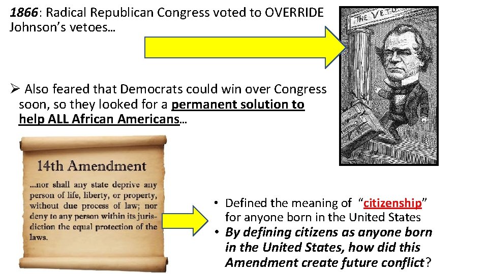 1866: Radical Republican Congress voted to OVERRIDE Johnson’s vetoes… Ø Also feared that Democrats