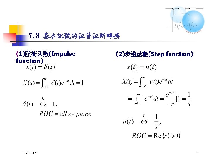7. 3 基本訊號的拉普拉斯轉換 (1)脈衝函數(Impulse function) SAS-07 (2)步進函數(Step function) 12 