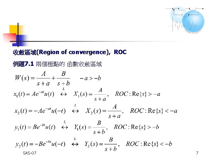 收斂區域(Region of convergence), ROC 例題7. 1 兩個極點的 函數收斂區域 SAS-07 7 