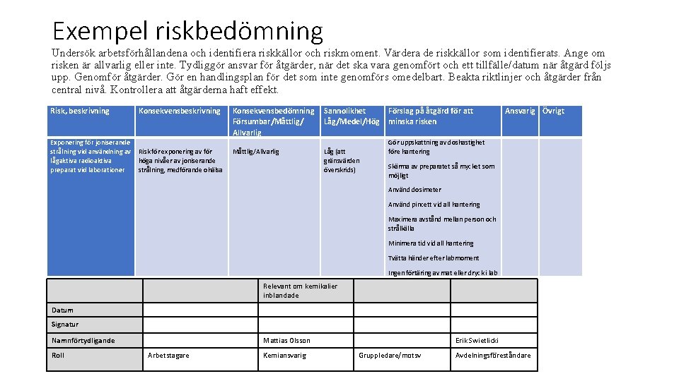 Exempel riskbedömning Undersök arbetsförhållandena och identifiera riskkällor och riskmoment. Värdera de riskkällor som identifierats.