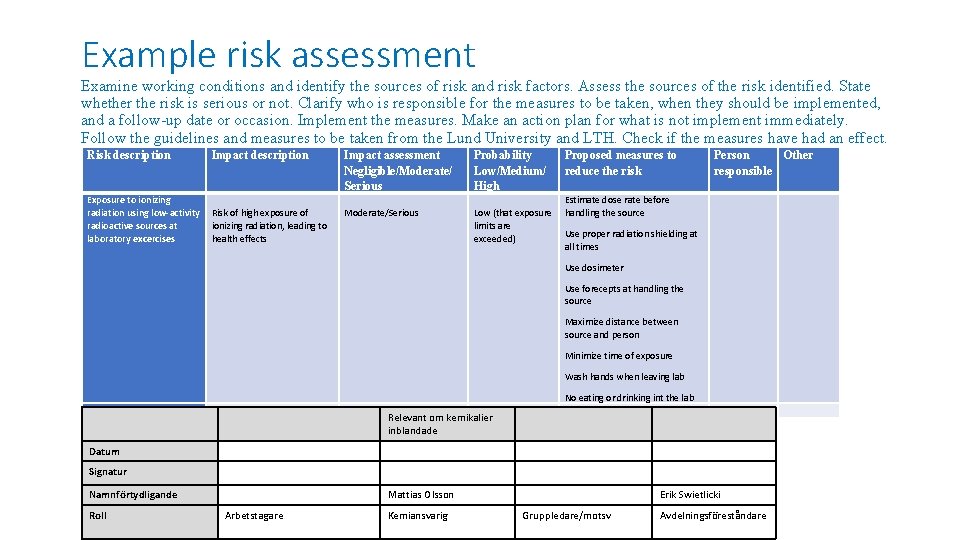 Example risk assessment Examine working conditions and identify the sources of risk and risk