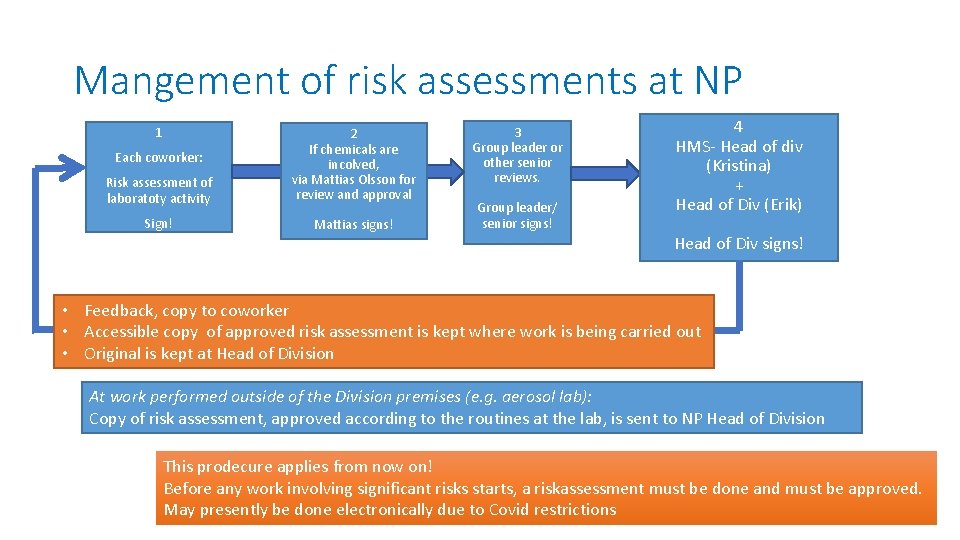 Mangement of risk assessments at NP 1 Risk assessment of laboratoty activity 2 If
