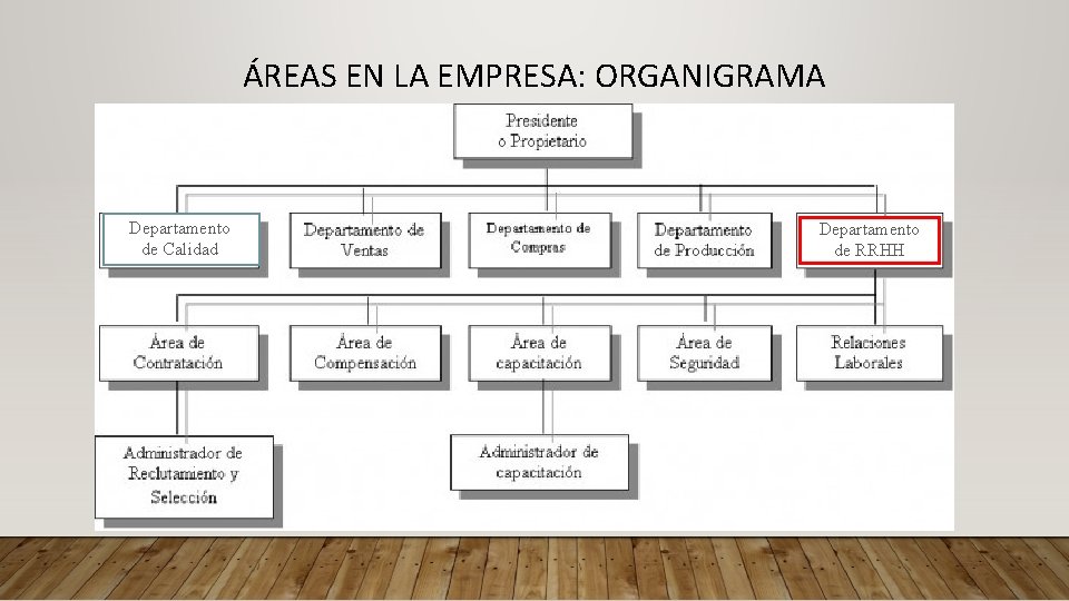 ÁREAS EN LA EMPRESA: ORGANIGRAMA Departamento de Calidad Departamento de RRHH 