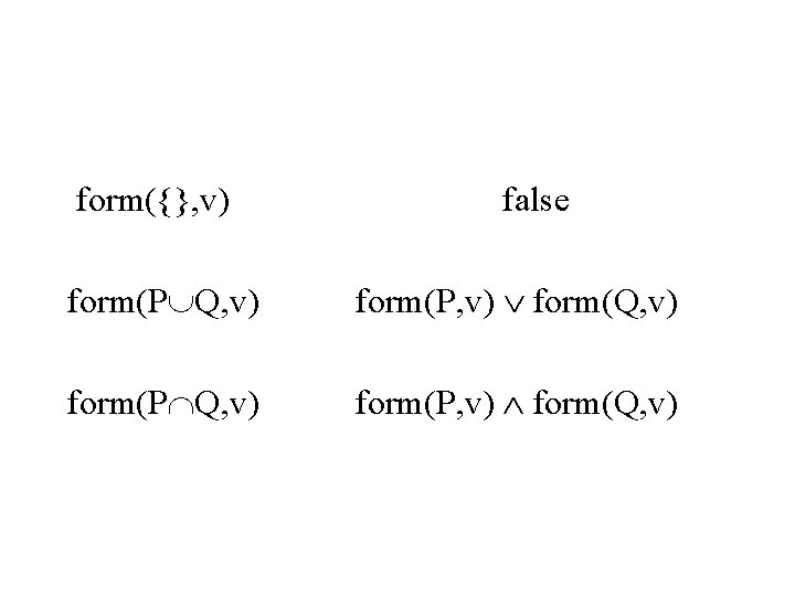 form({}, v) false form(P Q, v) form(P, v) form(Q, v) 