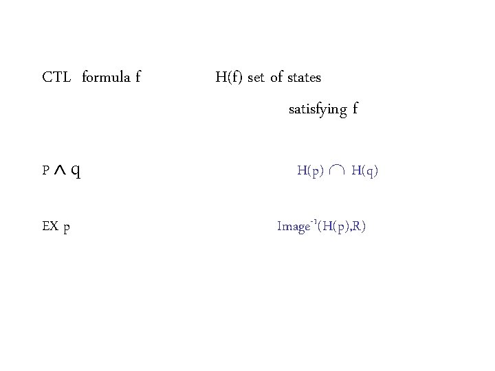 CTL formula f P q EX p H(f) set of states satisfying f H(p)